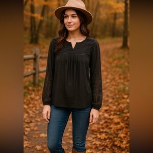 Lucky Brand Black Pintuck Sheer Sleeve Blouse Women’s Size L